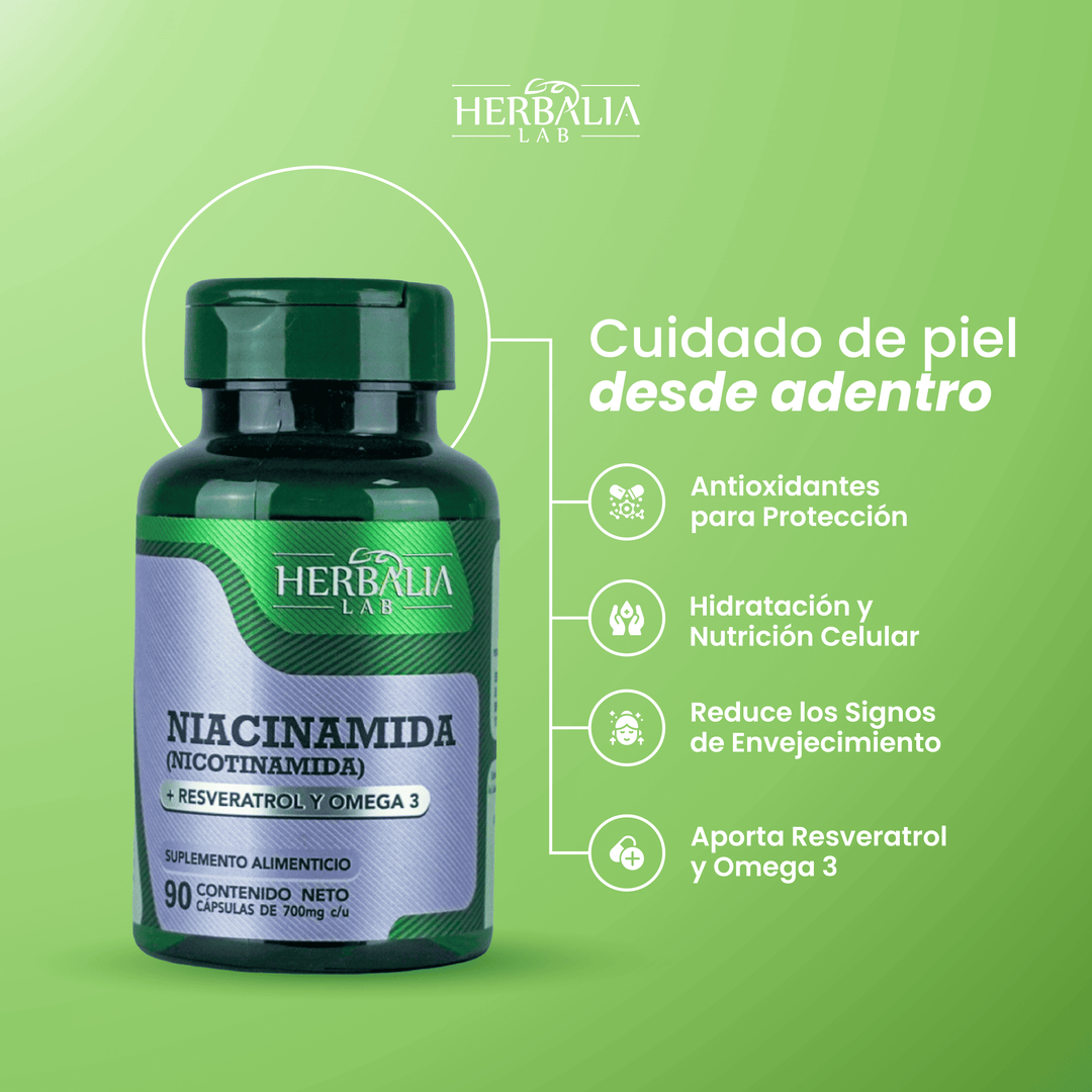 Niacinamida con Resveratrol Enriquecido + Omega-3 Triple Acción - 90 Cápsulas Herbalia Lab