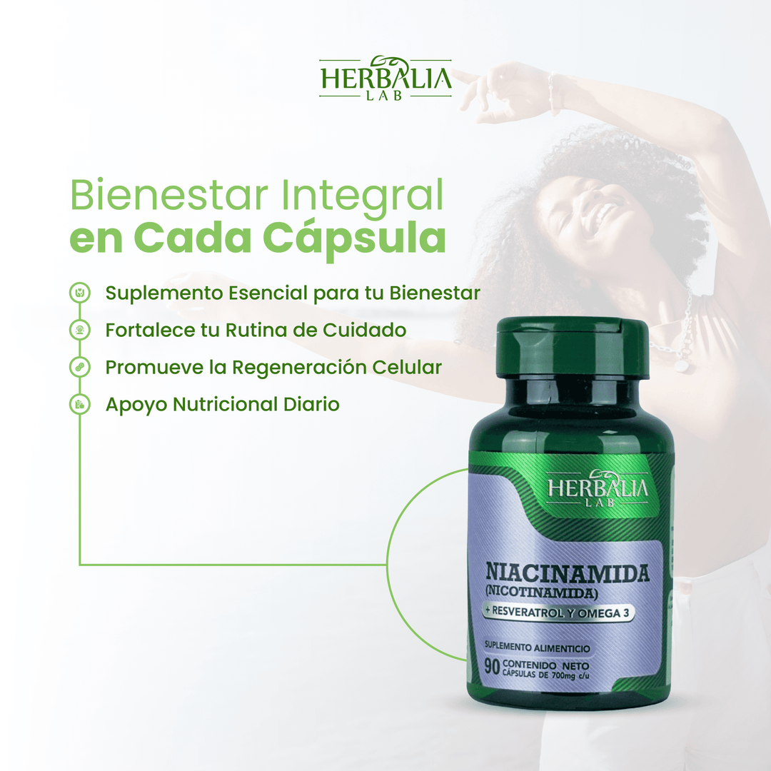 Niacinamida con Resveratrol Enriquecido + Omega-3 Triple Acción - 90 Cápsulas Herbalia Lab