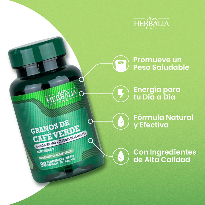 Herbalia Lab Granos de Café Verde, Mango Africano, Cetonas de Frambuesa y Omega 3  EPA/DHA - 90 Cápsulas