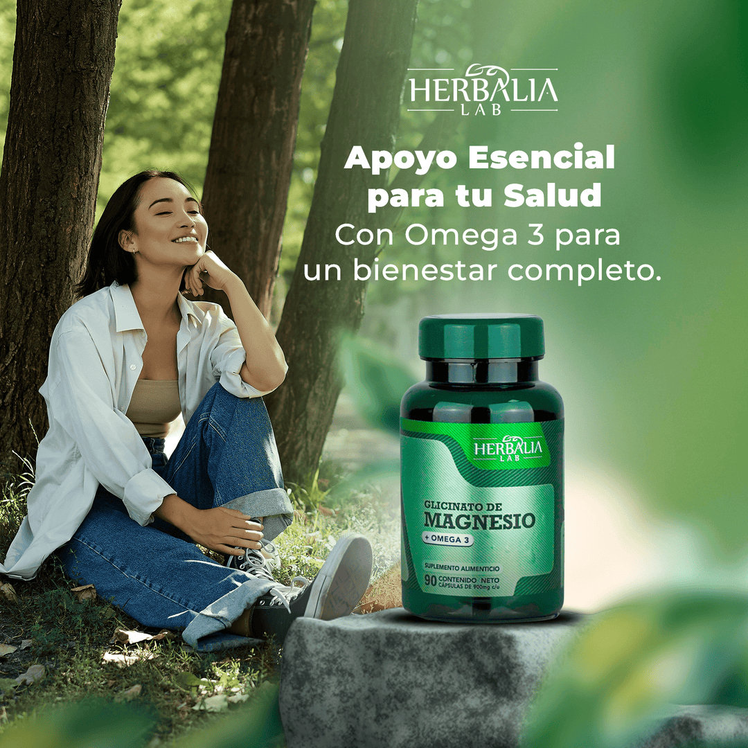 Glicinato de Magnesio 400mg - Magnesio Glicinato + Omega 3 - Fórmula Avanzada Alta Absorción - 90 Cápsulas Herbalia Lab