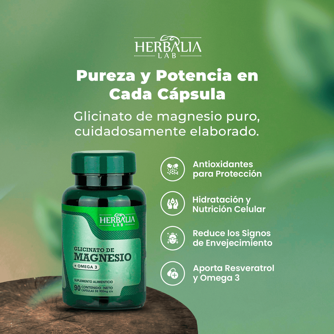 Glicinato de Magnesio 400mg - Magnesio Glicinato + Omega 3 - Fórmula Avanzada Alta Absorción - 90 Cápsulas Herbalia Lab