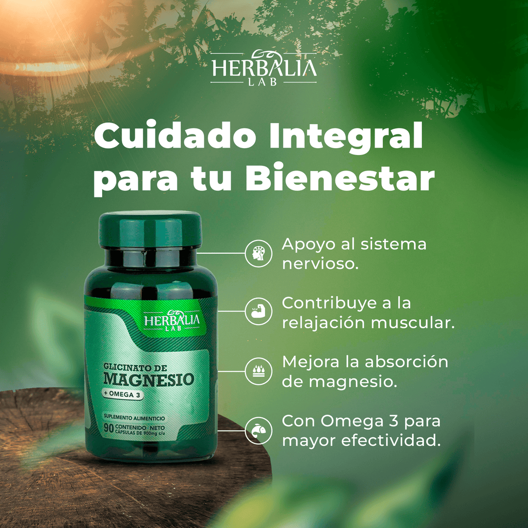 Glicinato de Magnesio 400mg - Magnesio Glicinato + Omega 3 - Fórmula Avanzada Alta Absorción - 90 Cápsulas Herbalia Lab