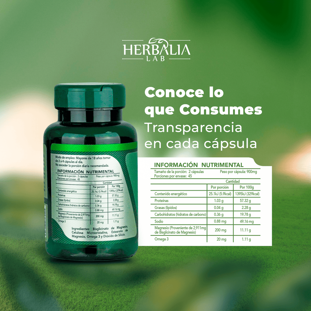 Glicinato de Magnesio 400mg - Magnesio Glicinato + Omega 3 - Fórmula Avanzada Alta Absorción - 90 Cápsulas Herbalia Lab