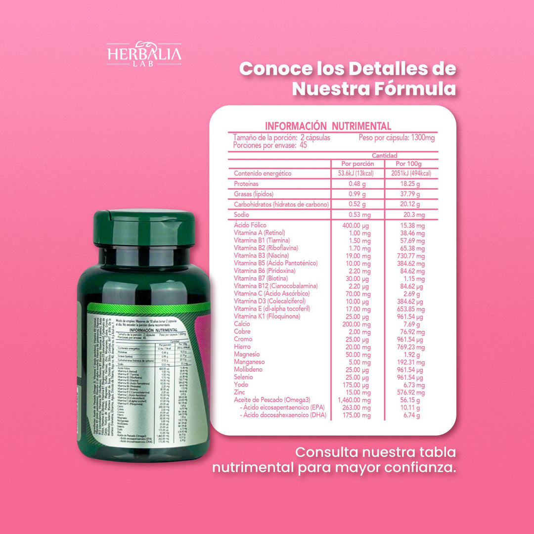 Herbalia Lab 9 Meses Multivitamínico para Embarazadas con Omega 3, Ácido Fólico, Calcio y Vitaminas B - 90 Cápsulas