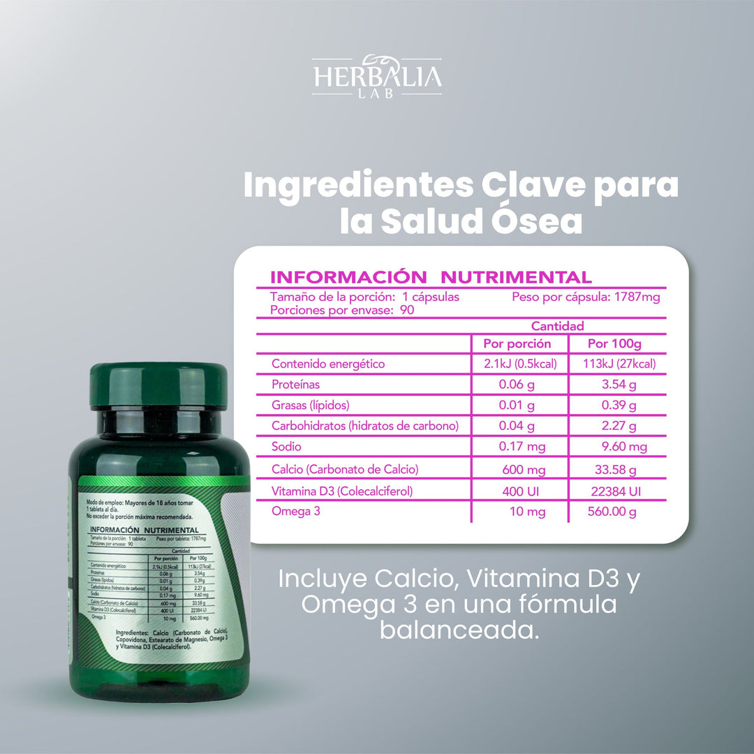 Herbalia Lab | Calcio Max 600 Triple Fuerza con Vitamina D3 y Omega 3 - 90 Tabletas