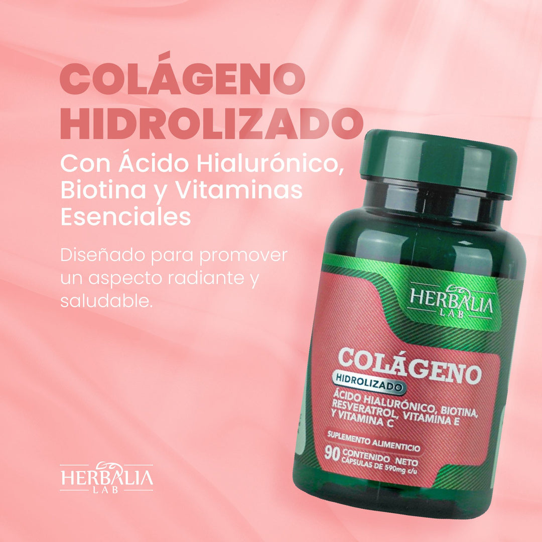 Herbalia Lab | Colágeno Hidrolizado y Ácido Hialurónico con Biotina, Resveratrol, Vitamina E y Vitamina C - 90 Cápsulas