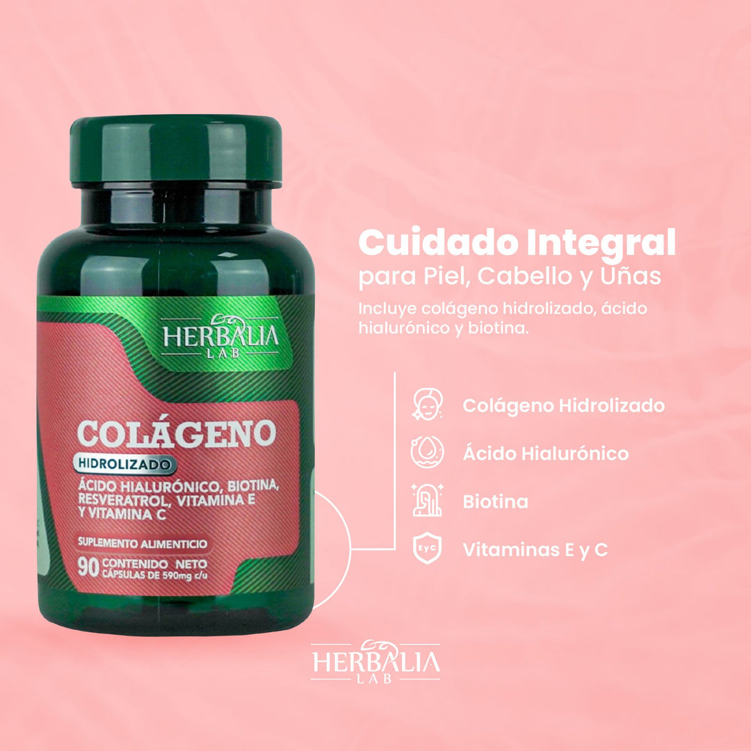 Herbalia Lab | Colágeno Hidrolizado y Ácido Hialurónico con Biotina, Resveratrol, Vitamina E y Vitamina C - 90 Cápsulas