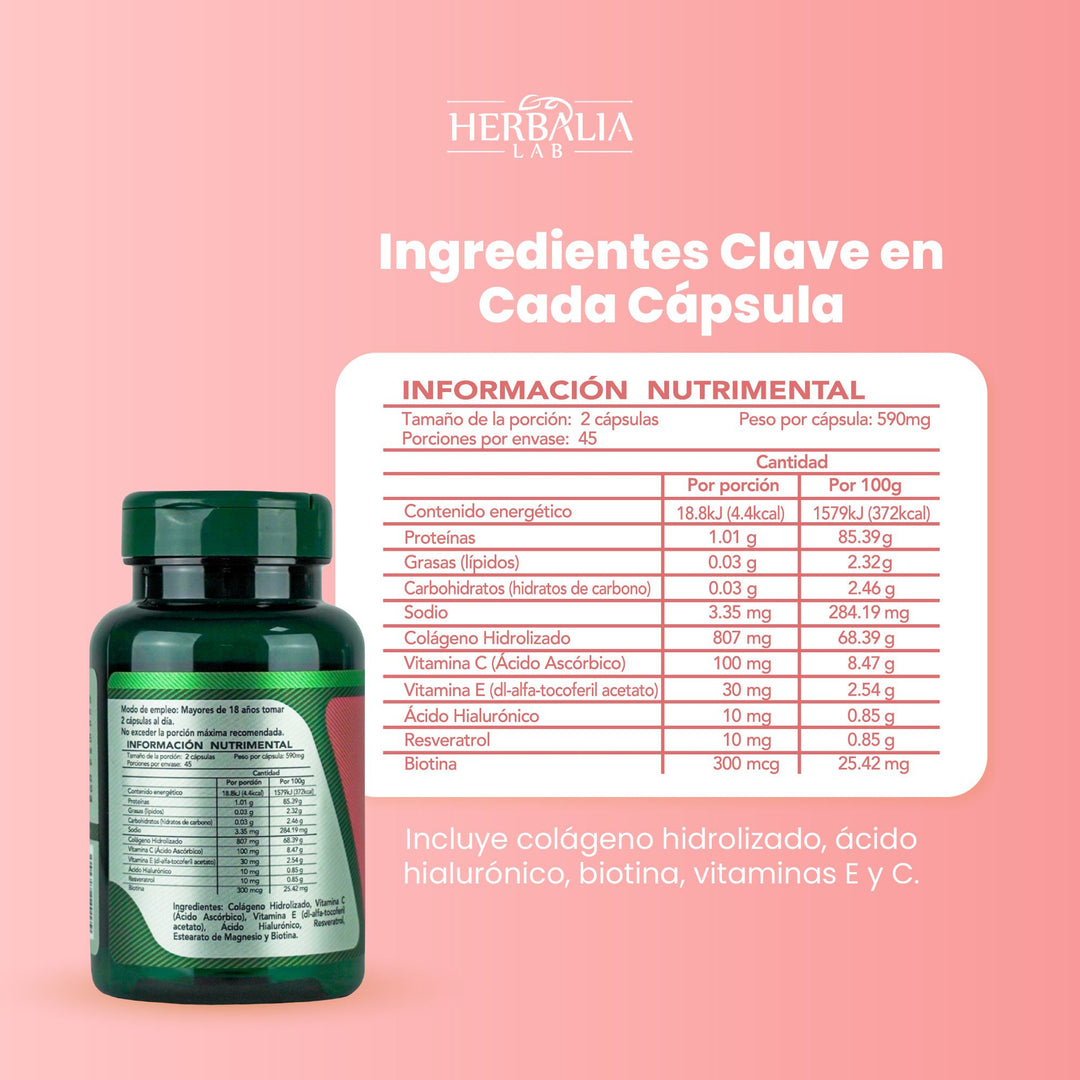 Herbalia Lab | Colágeno Hidrolizado y Ácido Hialurónico con Biotina, Resveratrol, Vitamina E y Vitamina C - 90 Cápsulas