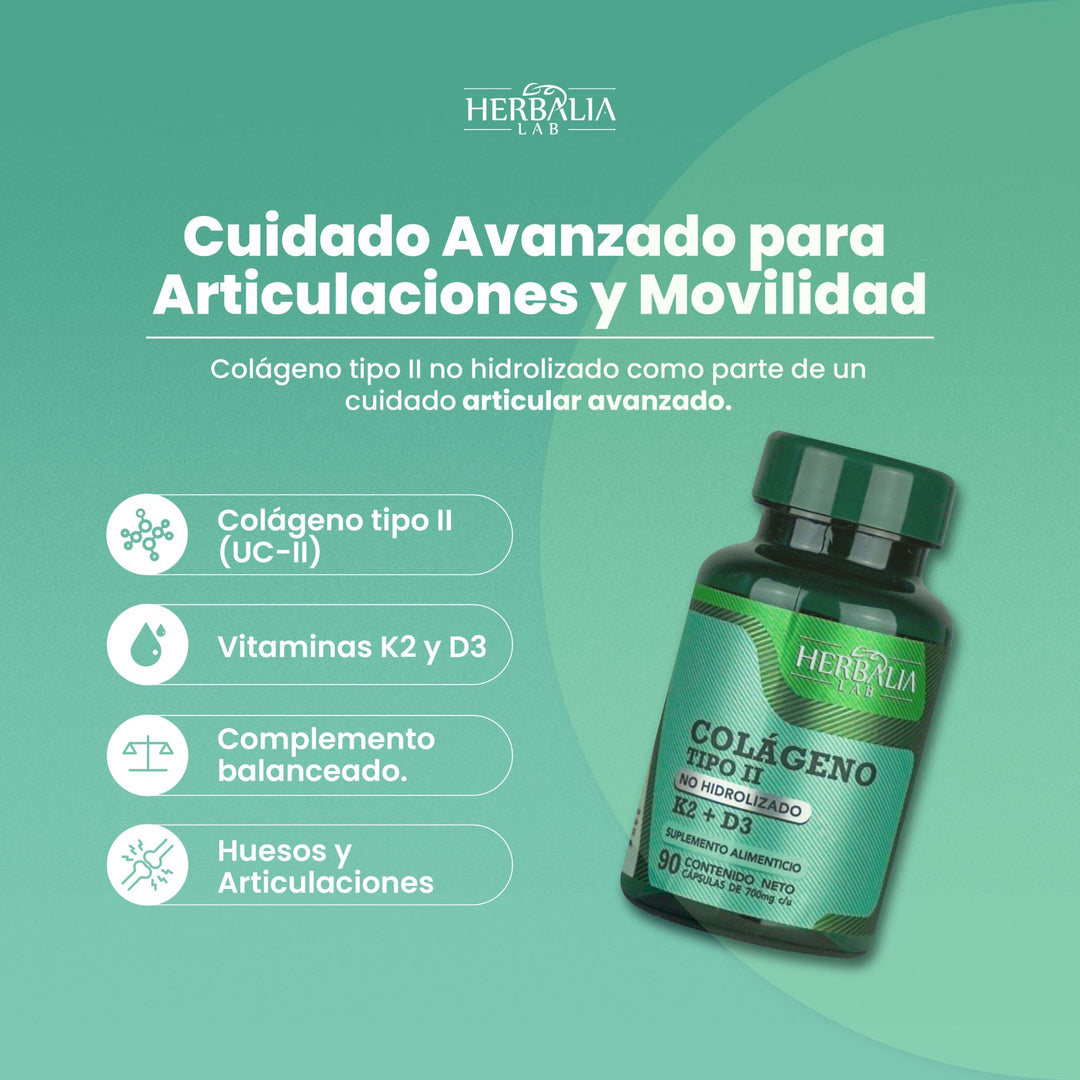 Herbalia Lab | Colágeno No Hidrolizado Tipo II con Vitamina K y D3, Nutrición Óptima + Apoyo Óseo - 90 Cápsulas