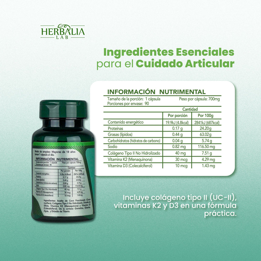 Herbalia Lab | Colágeno No Hidrolizado Tipo II con Vitamina K y D3, Nutrición Óptima + Apoyo Óseo - 90 Cápsulas