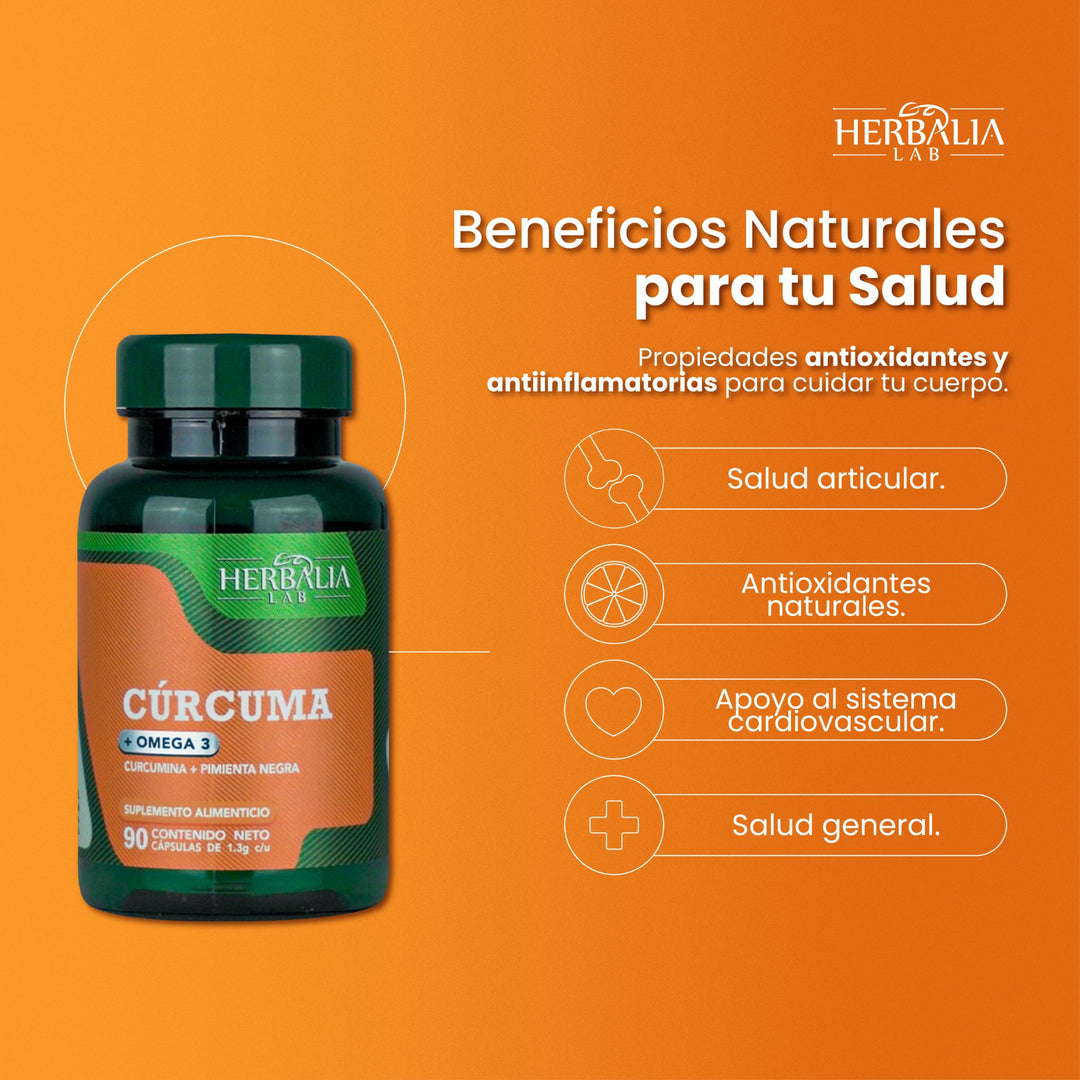 Herbalia Lab | Curcuma y Omega 3 con Pimienta Negra - 90 Cápsulas