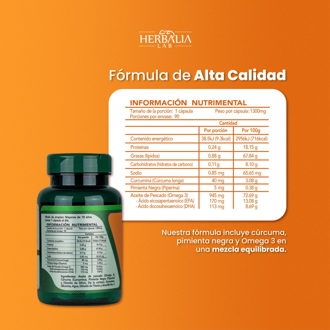 Herbalia Lab | Curcuma y Omega 3 con Pimienta Negra - 90 Cápsulas