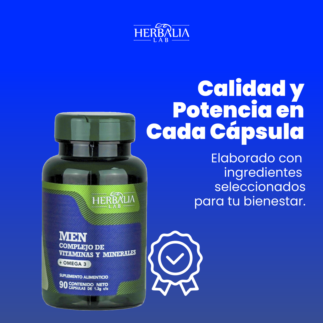 Herbalia Lab Men Multivitamínico Completo con Omega 3, Vitaminas B, C, D3 y Minerales Esenciales - 90 Cápsulas