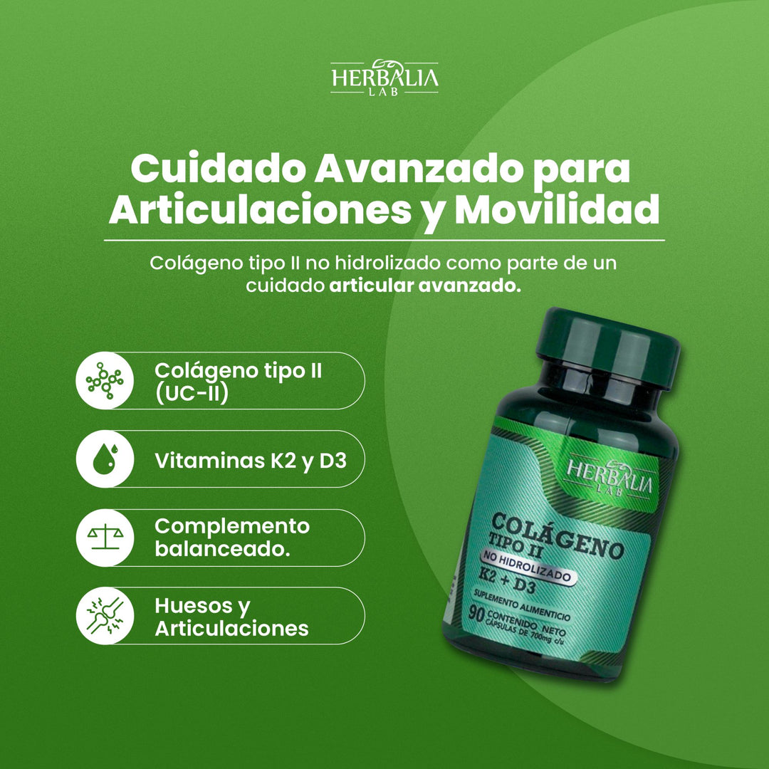 Herbalia Lab | Colágeno No Hidrolizado Tipo II con Vitamina K y D3, Nutrición Óptima + Apoyo Óseo - 90 Cápsulas