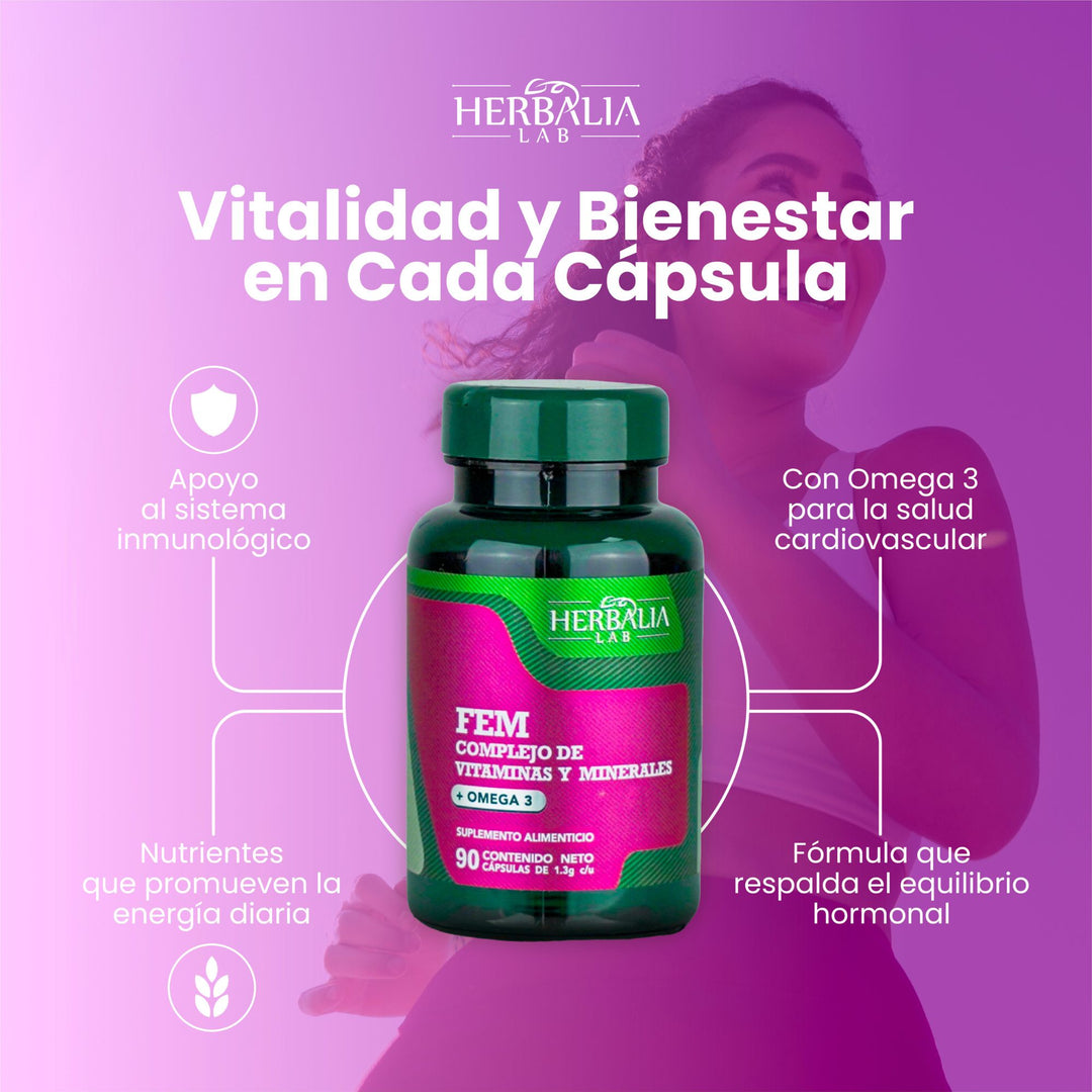 Herbalia Lab Fem Multivitamínico Completo para Mujeres con Omega 3, Vitaminas B, C, D3 y Minerales Esenciales - 90 Cápsulas