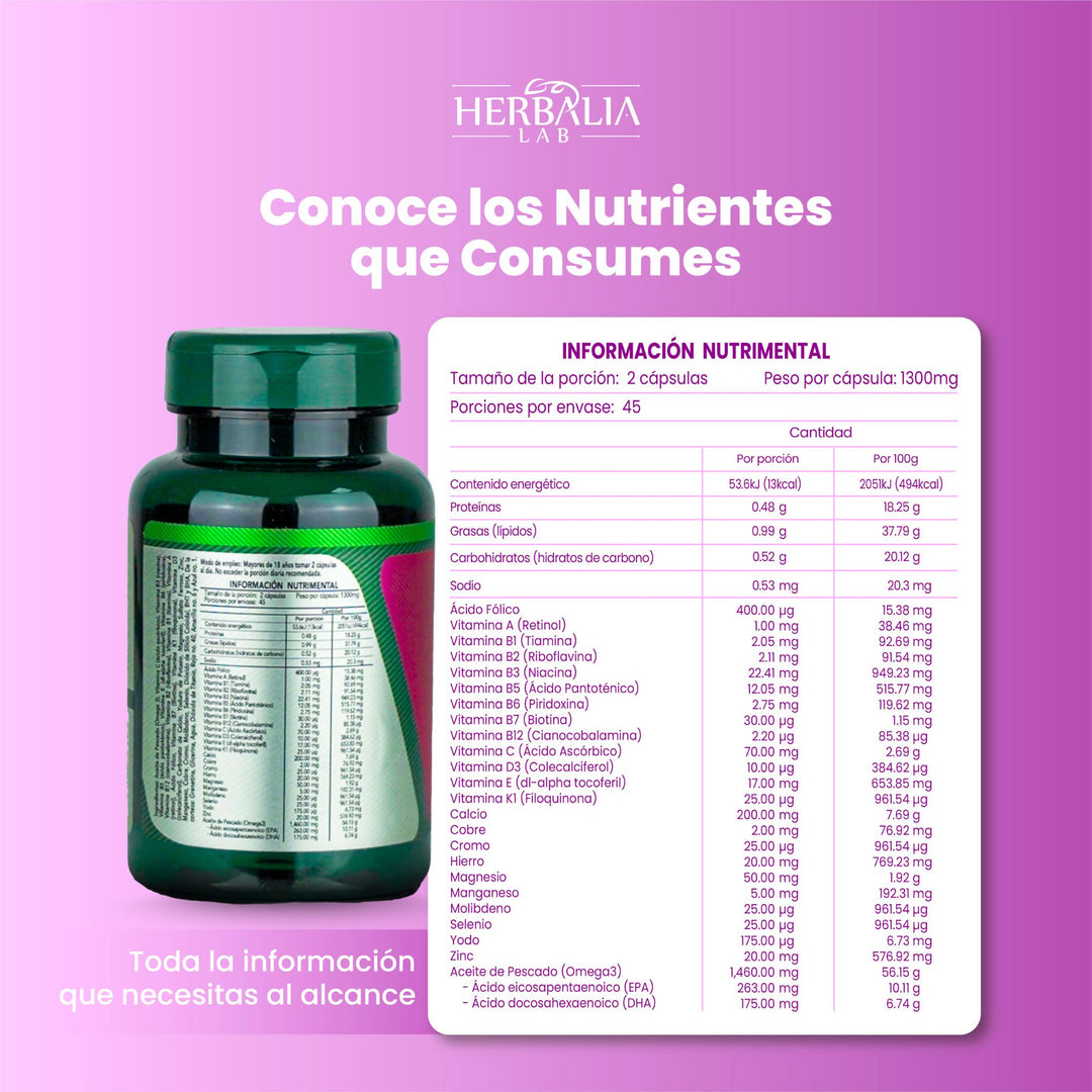 Herbalia Lab Fem Multivitamínico Completo para Mujeres con Omega 3, Vitaminas B, C, D3 y Minerales Esenciales - 90 Cápsulas