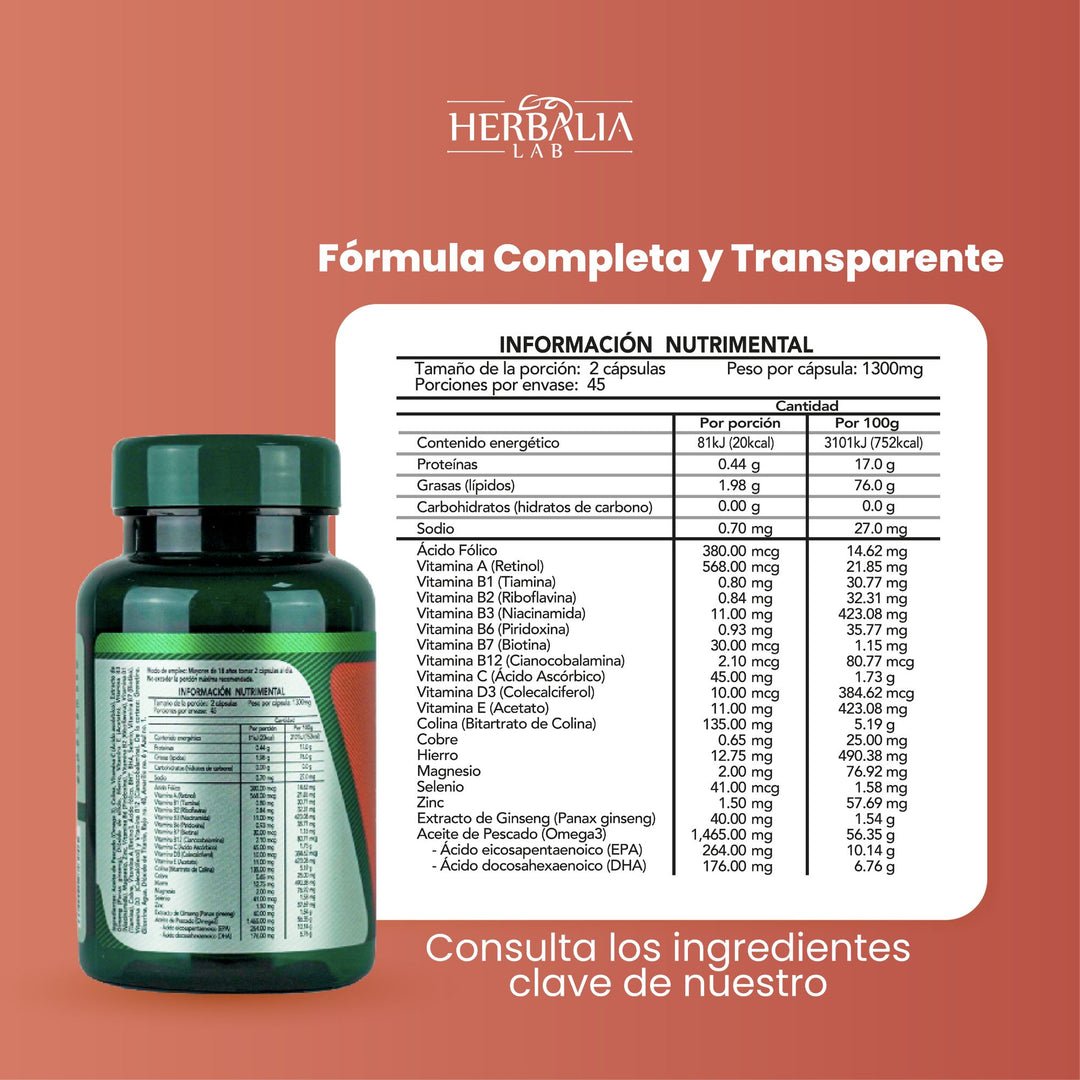 Herbalia Lab | Ginseng y Complejo Multivitamínico con Omega 3 - 90 Cápsulas