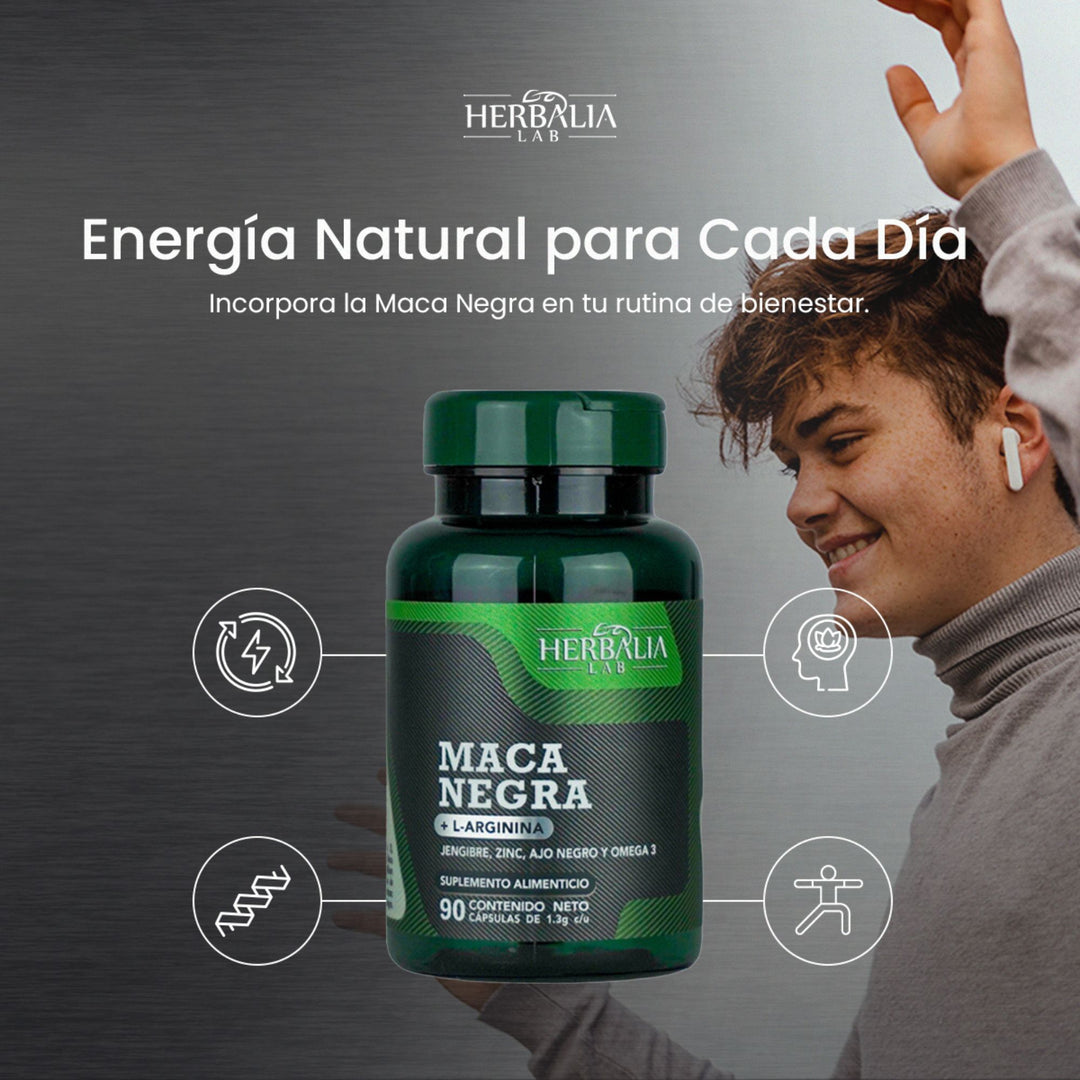 Herbalia Lab | Maca Negra Testosterone Boost con L-Arginina, Jengibre, Zinc, Ajo Negro y Omega 3 | 90 Cápsulas