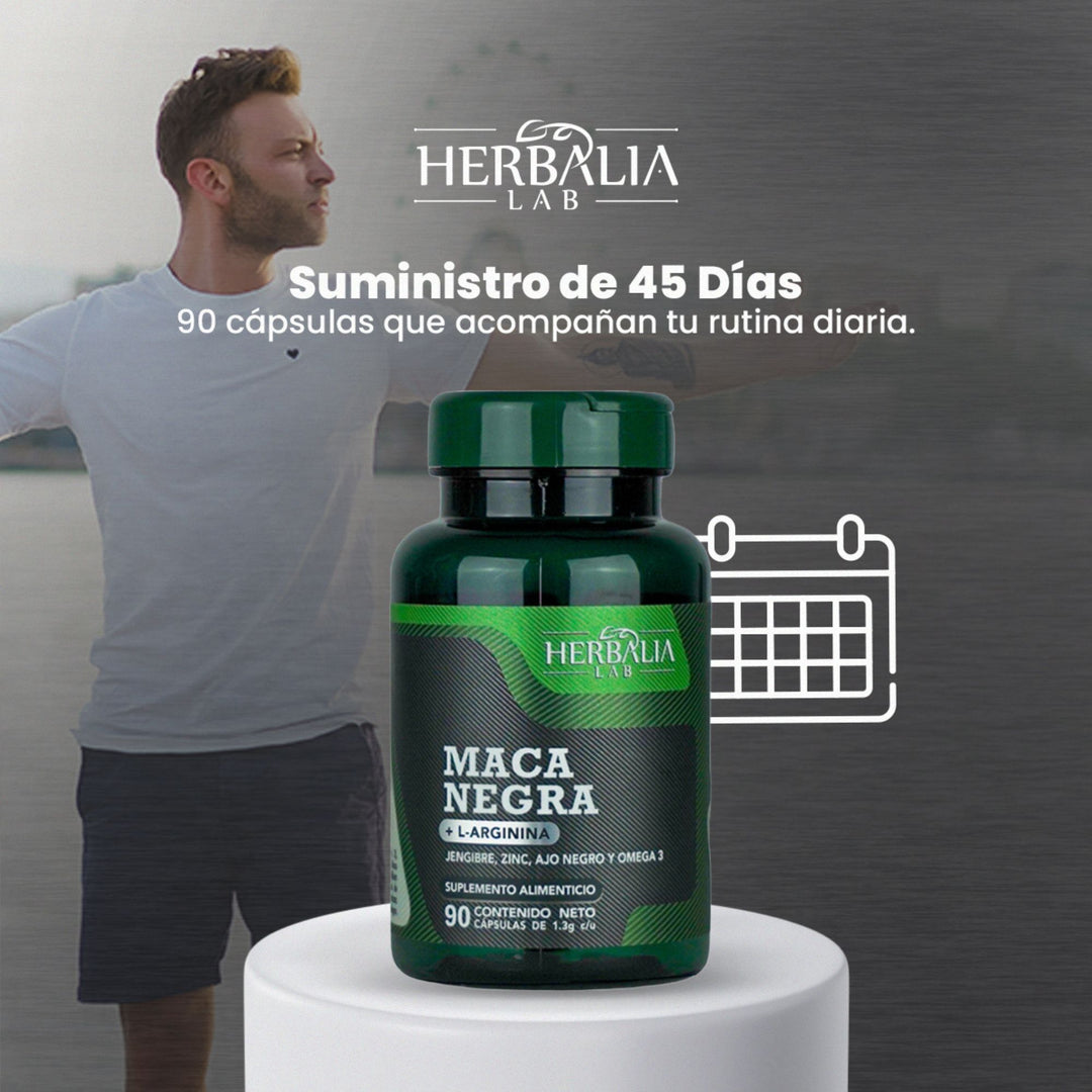 Herbalia Lab | Maca Negra Testosterone Boost con L-Arginina, Jengibre, Zinc, Ajo Negro y Omega 3 | 90 Cápsulas