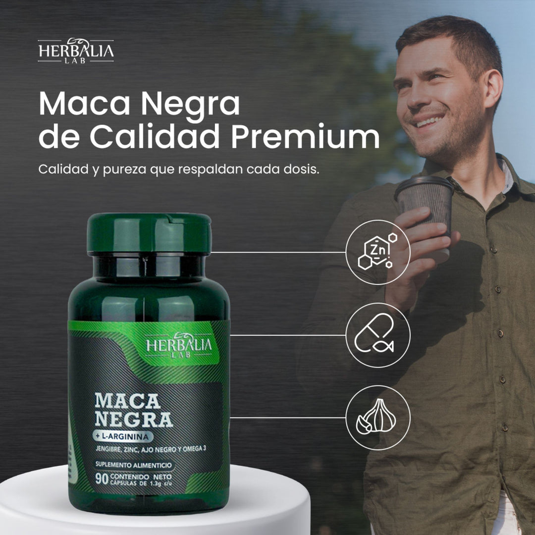 Herbalia Lab | Maca Negra Testosterone Boost con L-Arginina, Jengibre, Zinc, Ajo Negro y Omega 3 | 90 Cápsulas