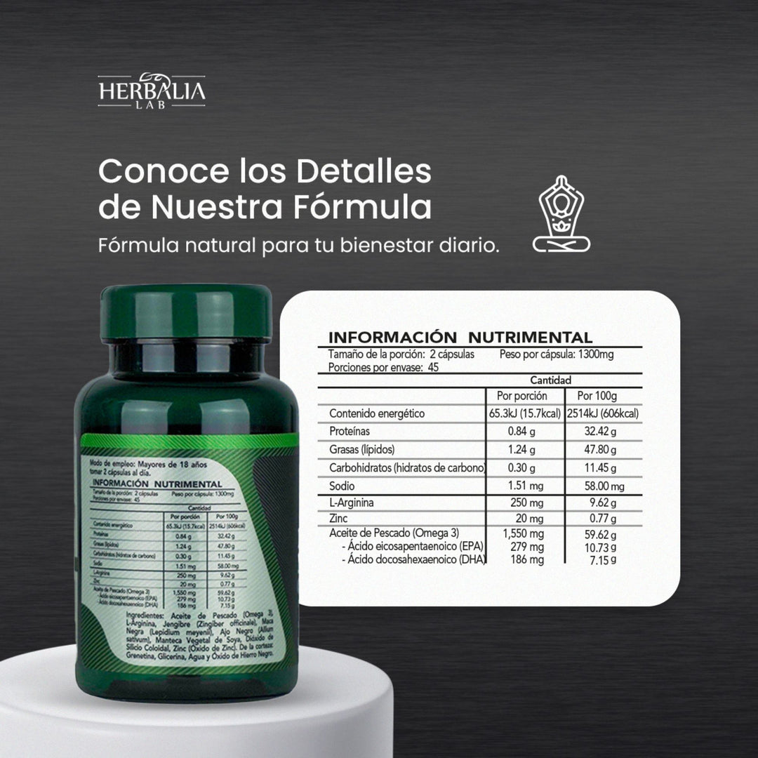 Herbalia Lab | Maca Negra Testosterone Boost con L-Arginina, Jengibre, Zinc, Ajo Negro y Omega 3 | 90 Cápsulas