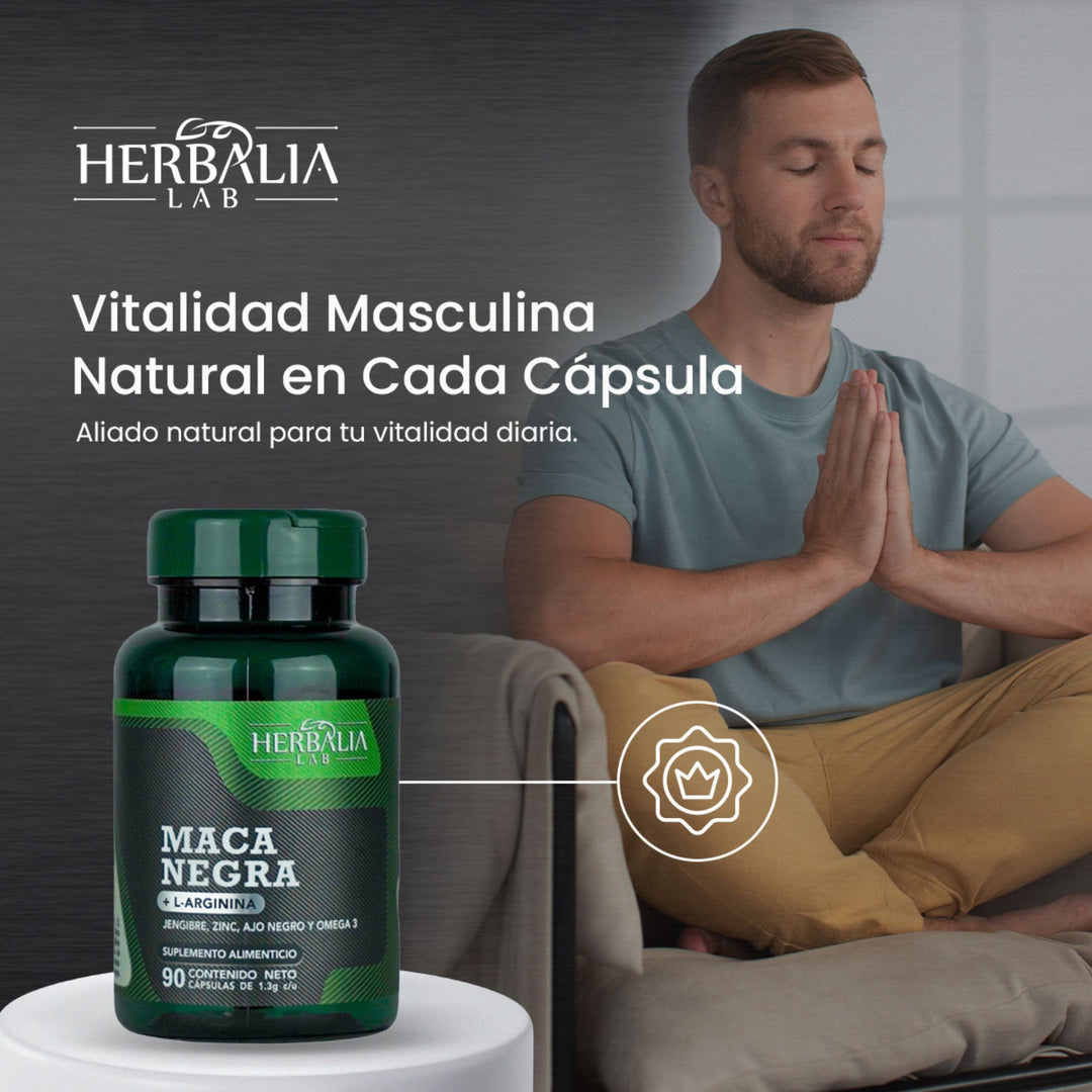 Herbalia Lab | Maca Negra Testosterone Boost con L-Arginina, Jengibre, Zinc, Ajo Negro y Omega 3 | 90 Cápsulas