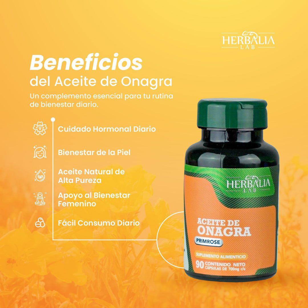 Aceite de Onagra Primrose 1000 mg -Suplemento para Salud Femenina y Piel - Extractos Naturales Premium - 90 Cápsulas Herbalia Lab