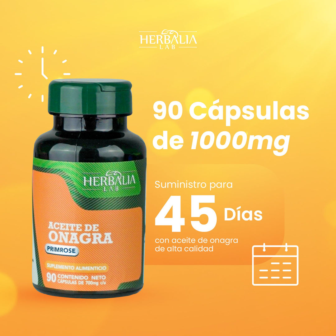 Aceite de Onagra Primrose 1000 mg -Suplemento para Salud Femenina y Piel - Extractos Naturales Premium - 90 Cápsulas Herbalia Lab