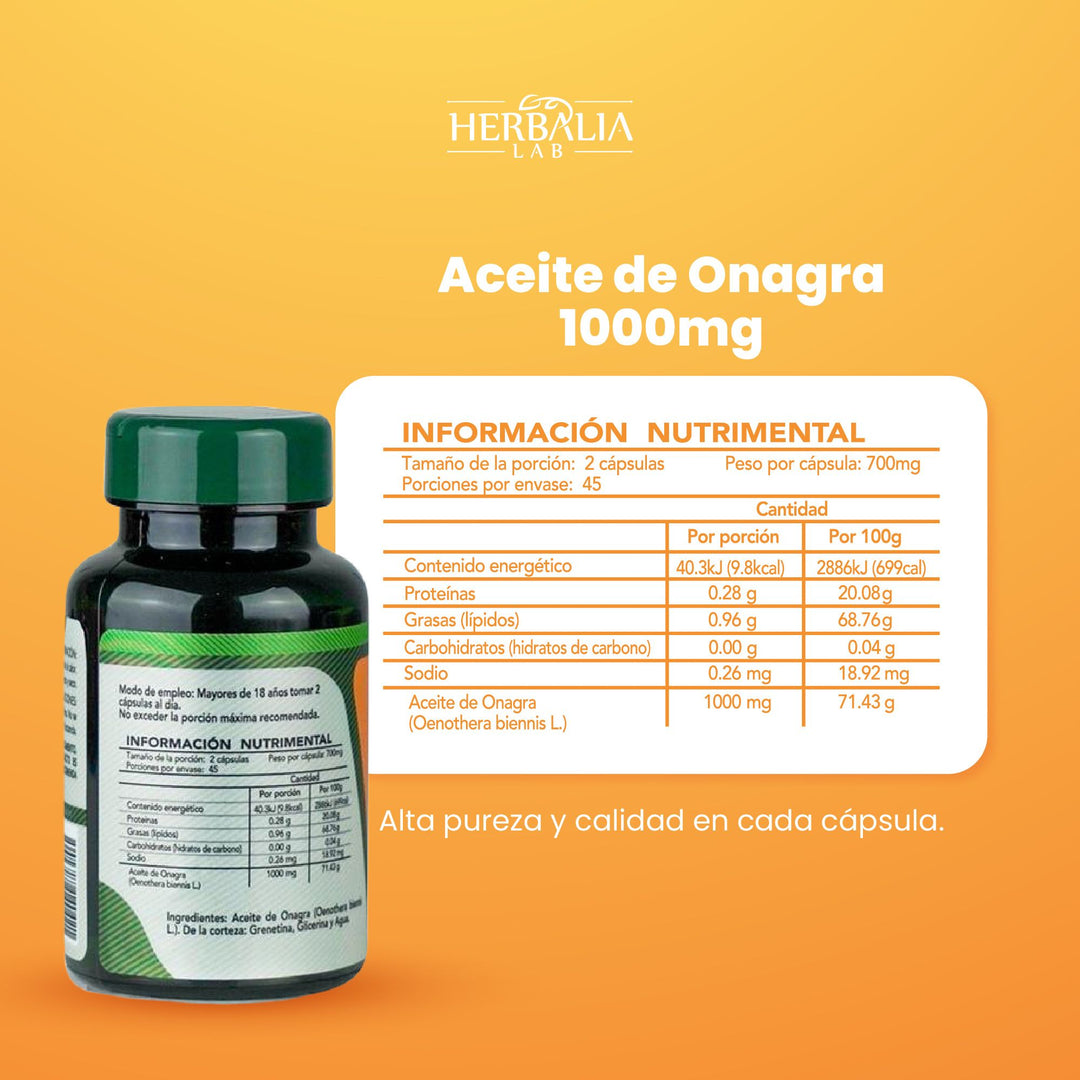 Aceite de Onagra Primrose 1000 mg -Suplemento para Salud Femenina y Piel - Extractos Naturales Premium - 90 Cápsulas Herbalia Lab