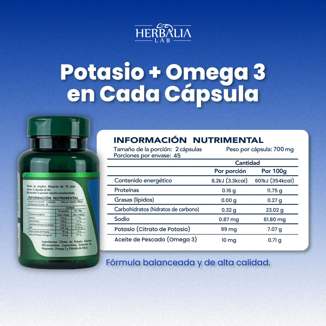 Herbalia Lab | Suplemento de Citrato de Potasio + Omega 3, Apoyo Nutricional Diario - 90 Cápsulas