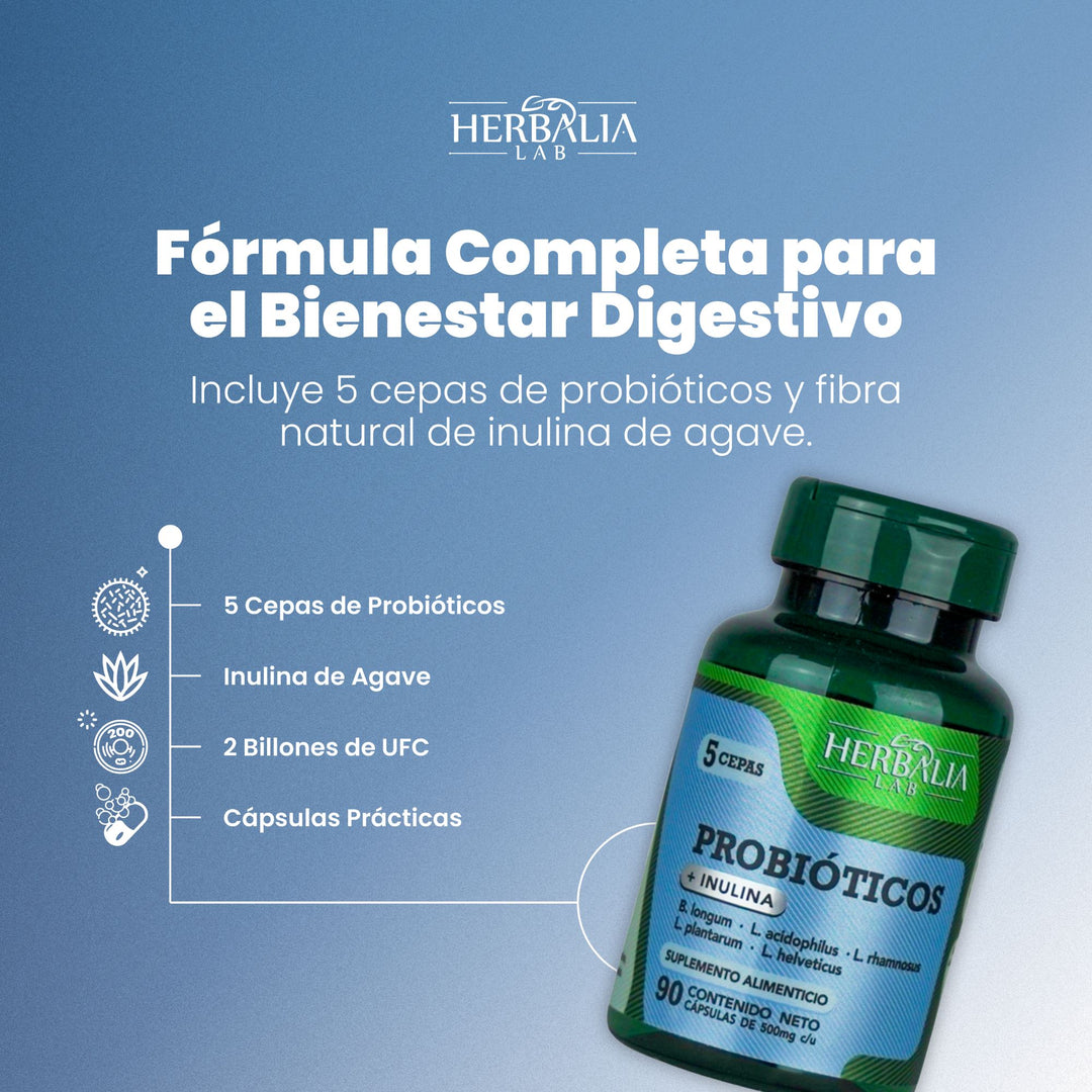 Herbalia Lab | Probióticos + Fibra Avanzado: Inulina de Agave & 5 Cepas - 2 Billones de UFC - 90 Cápsulas