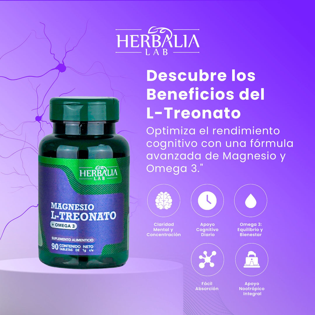 Herbalia Lab L-Treonato + Omega 3, Boost Nootrópico y  apoyo Cardiovascular - 90 Cápsulas de 1000mg