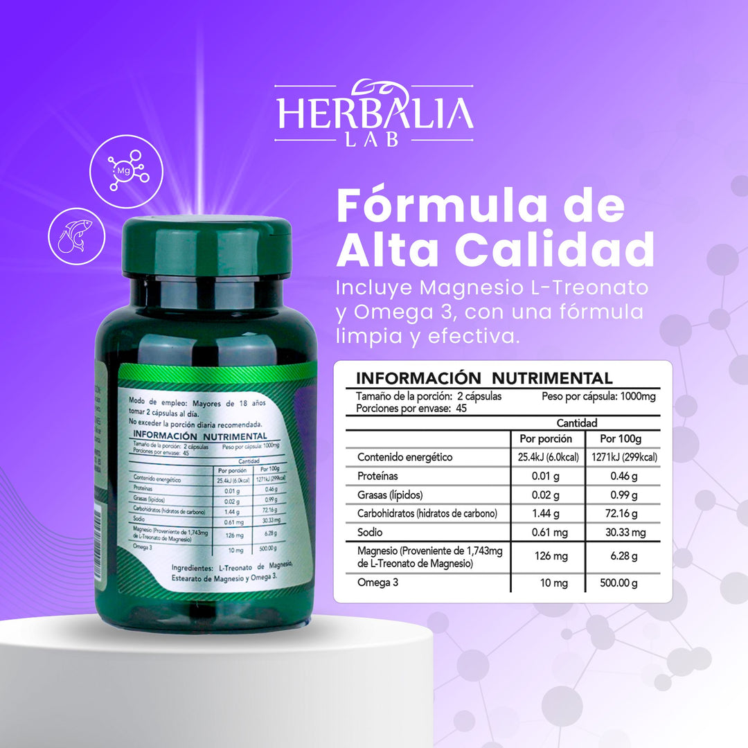 Herbalia Lab L-Treonato + Omega 3, Boost Nootrópico y  apoyo Cardiovascular - 90 Cápsulas de 1000mg