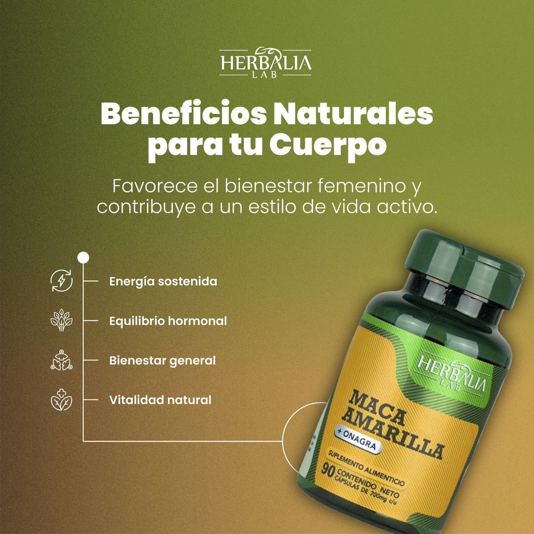 Herbalia Lab | Maca Amarilla con Onagra, Especialidad en Bienestar Femenino - 90 Cápsulas