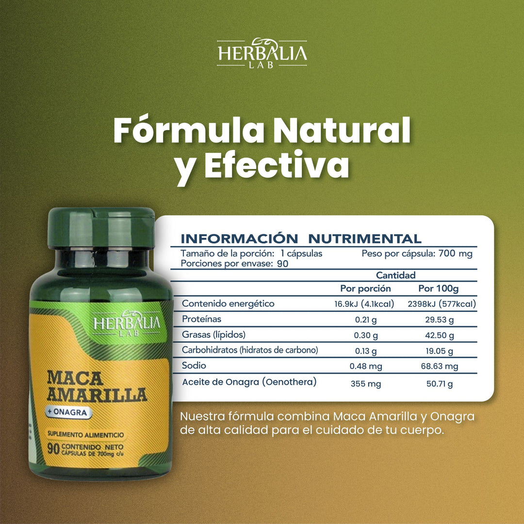 Herbalia Lab | Maca Amarilla con Onagra, Especialidad en Bienestar Femenino - 90 Cápsulas